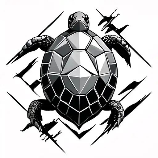 Tattoo concept: Black ink geometric diamond-shaped tattoo with a centered top-view turtle made of polygons (hexagons/pen tattoo design idea