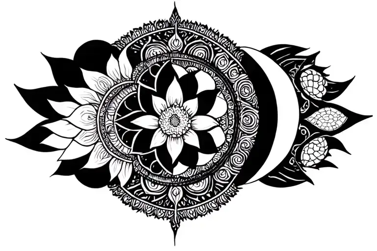 lotus Mandala Sun And Moon phases tattoo design idea