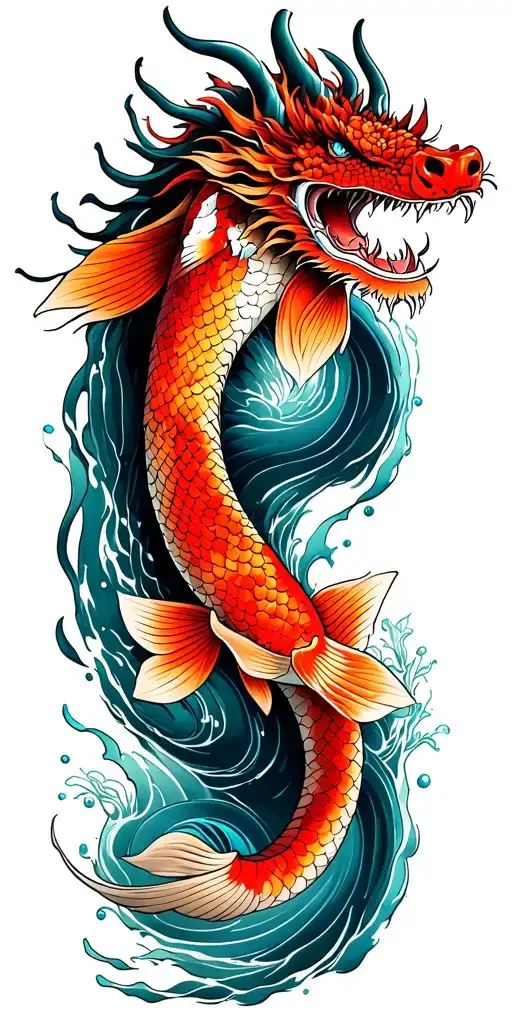 dragon with water, koi fish, Japanese flower tattoo design idea