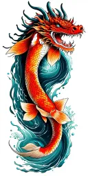 dragon with water, koi fish, Japanese flower tattoo design idea