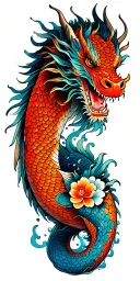 dragon with water, koi fish, Japanese flower tattoo design idea