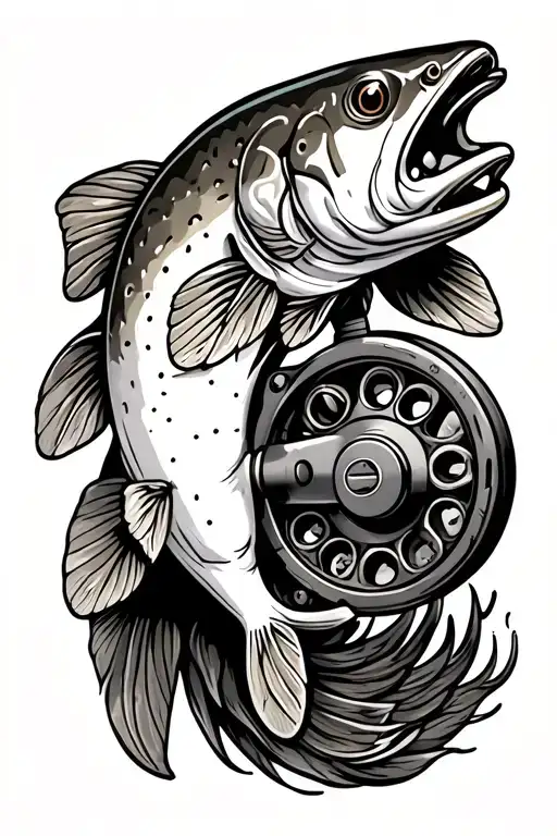rainbow trout, going down the forearm, head at the wrist and the tail towards the elbow, with a fly fishing reel,  tattoo design idea