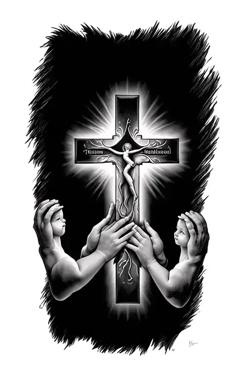 cross tattoo, family holding hands, 5 boys names intertwined, Christian  tattoo design idea