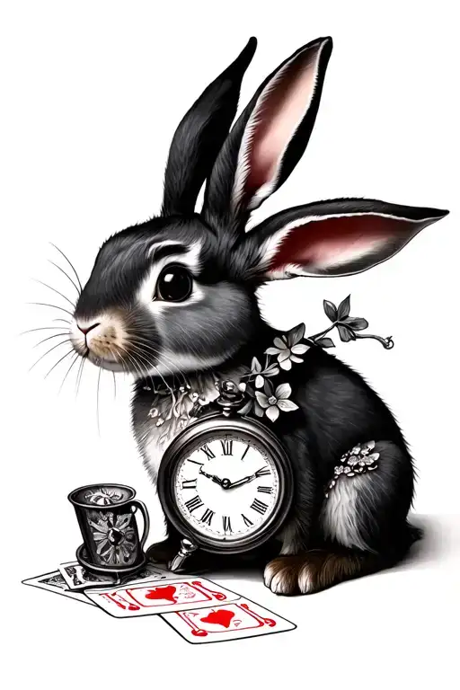 Alice n wonderland inspired bunny with clock and cards tattoo design idea