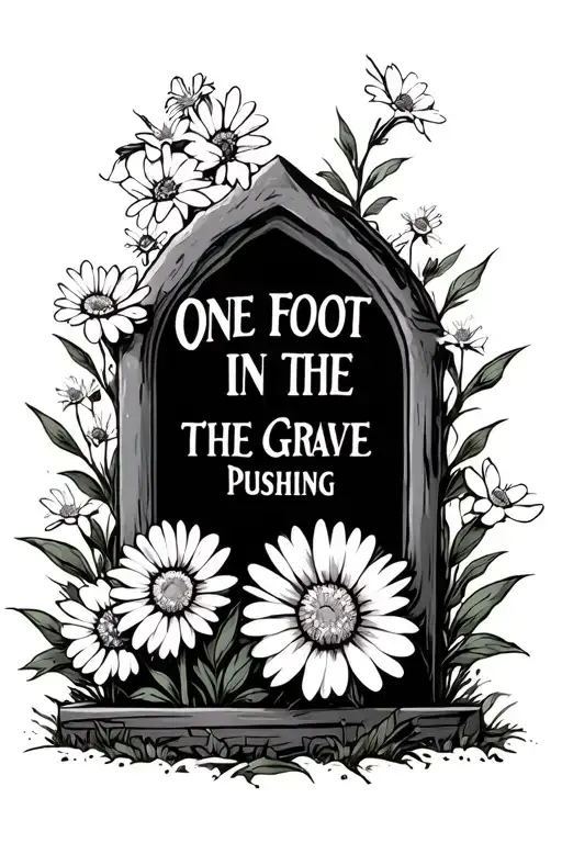 tombstone saying One Foot In The Grave pushing daisies tattoo design idea