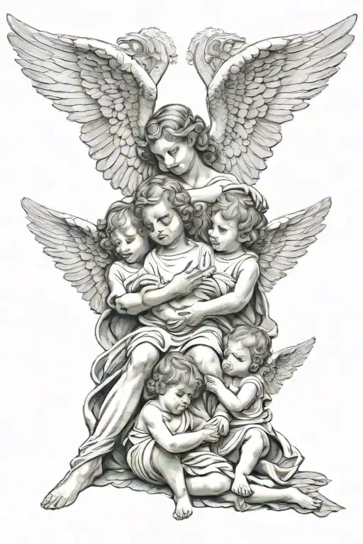 2 angels taking care of a child and a tattoo design idea