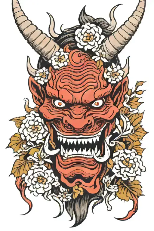 it the face of an oni a red demon face with big fangs and white horns with flowers on the background. tattoo design idea