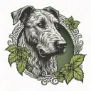 A majestic Irish wolfhound standing proudly in a field of shamrocks, with a Celtic knot border framing the scene tattoo design idea
