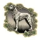 A majestic Irish wolfhound standing proudly in a field of shamrocks, with a Celtic knot border framing the scene tattoo design idea