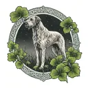 A majestic Irish wolfhound standing proudly in a field of shamrocks, with a Celtic knot border framing the scene tattoo design idea