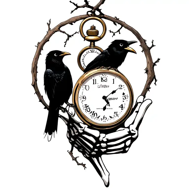 itachi and his crow, a black oak and below them a skeleton hand holding a pocket watch  tattoo design idea