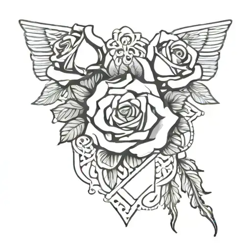 roses with necklace wrapping around wing and roses in background  juuu tattoo design idea