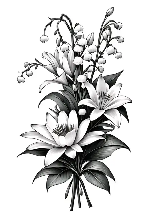 make a bouquet with lily of the valley, larkspur, Hawthorn and water lily  tattoo design idea