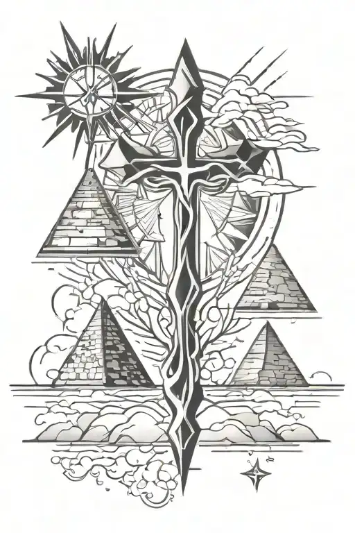 cross tattoo + pyramids + light above + “higher being” + infinity past and future tattoo design idea