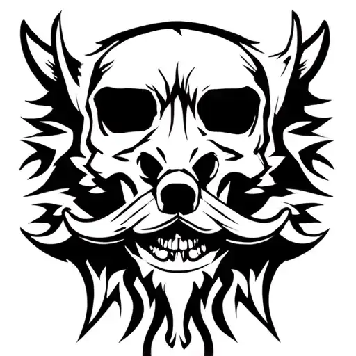 Pirate flag One Pieceque style contains a skull with a mustache, two parallel lines and refers to a wolf tattoo design idea