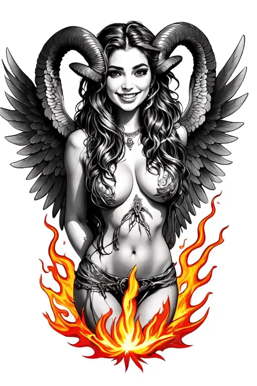 aries zodiac sign sexy woman smiling with wings surrounded fire  tattoo design idea