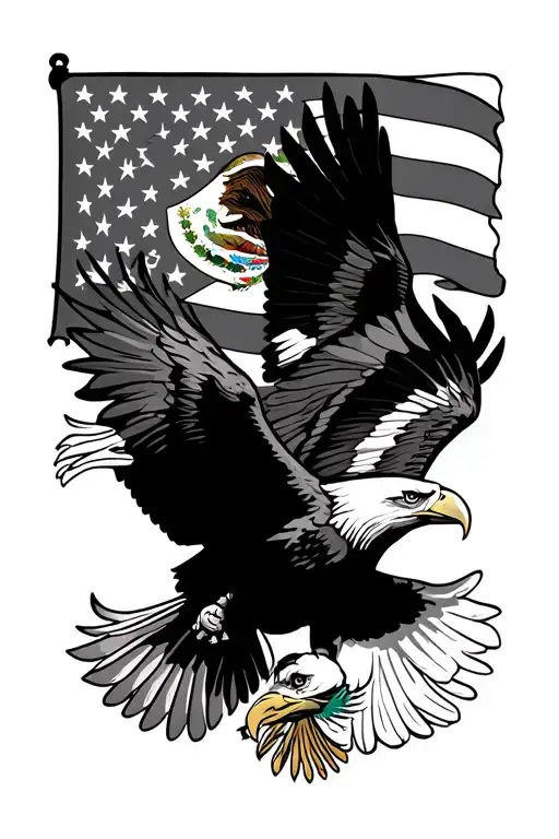 mexican eagle and bald eagle flying in front of mexican flag and american flag tattoo design idea