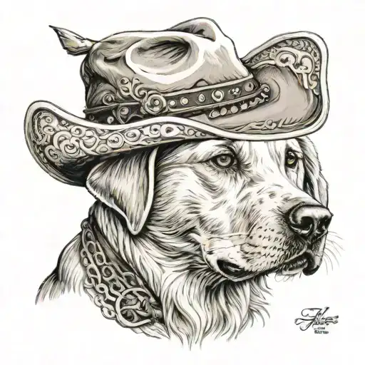 older golden female Labrador with a cowgirl hat on and collar and western background tattoo design idea