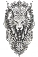 fenrir whit runes and snake, tree of life intertwined, viking axes tattoo design idea