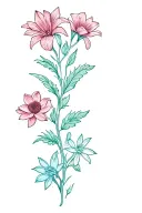 vertical vine of flowers with iris at the top, then a calendula, amaryllis, sweat pea, waterlilly, delphinium tattoo design idea