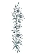 vertical vine of flowers with iris at the top, then a calendula, amaryllis, sweat pea, waterlilly, delphinium tattoo design idea