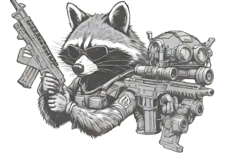 tactical raccoon holding gun and wearing helmet with night vision goggles tattoo design idea