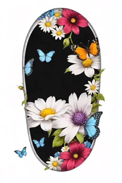 daisys, blue cosmos flowers, one purple butterfly tattoo design idea