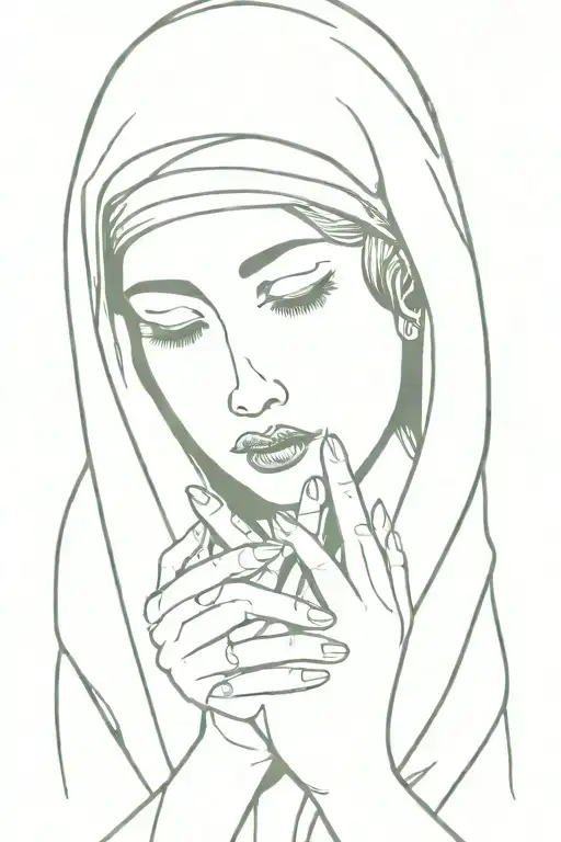 Virgin Mary crying holding two hands together with a cross necklace wrapped around her hand tattoo design idea