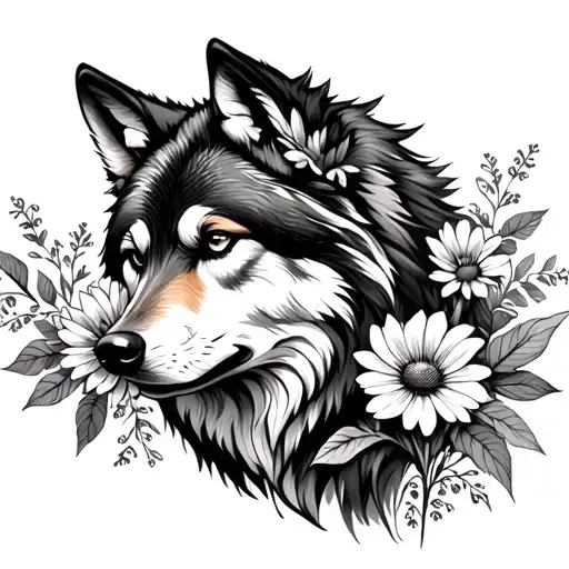 Feminine Wolf with wildflowers tattoo design idea