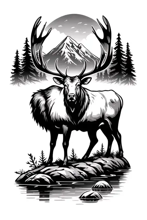 forest and mountains scene featuring a standing bull elk by a river with arrow heads hidden in the river bank tattoo design idea