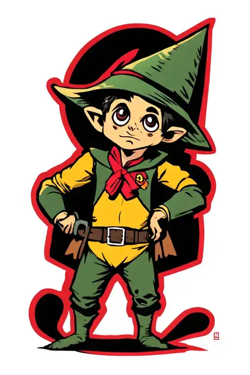 A tattoo of 2 characters: Pipin (very small fetish man with a small pointed hat inspired by Robin D tattoo design idea