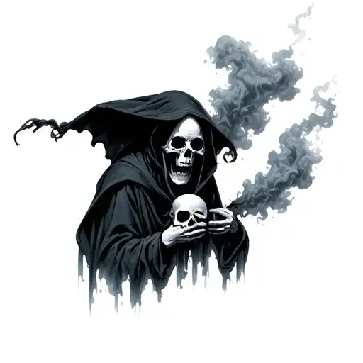 An eerie ghostly figure surrounded by smoke and holding a skull tattoo design idea