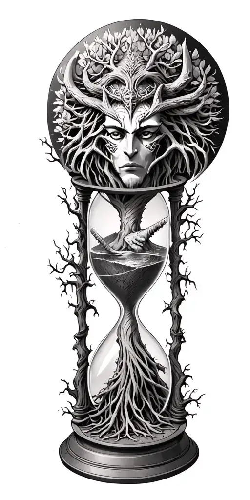 Yggdrasil tree growing through an hourglass. and in the rare places shall be the faces of Anubis Kali Odin tattoo design idea