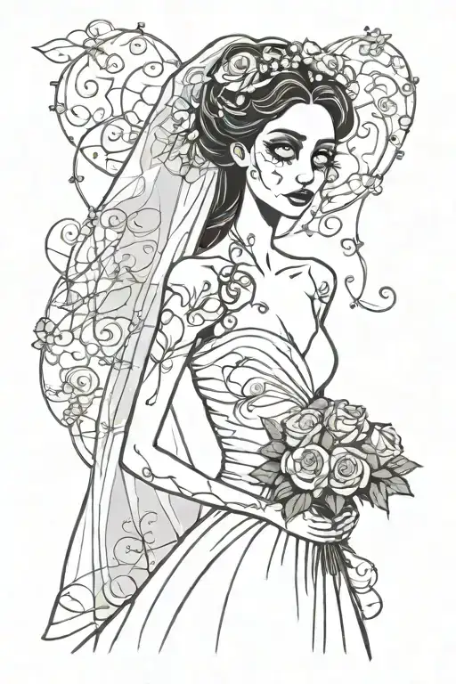 The Corpse bride from the tim burton film in her original wedding dress and veil holding her bouquet of flowers tattoo design idea