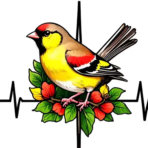 heartbeat line with goldfinch bird tattoo design idea