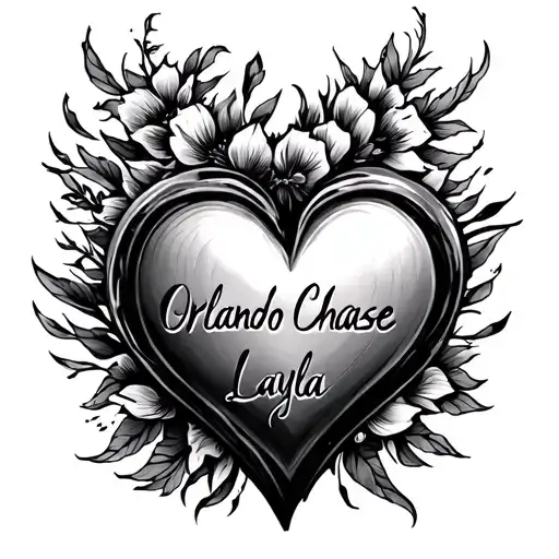 heart containing names orlando, chase and layla tattoo design idea
