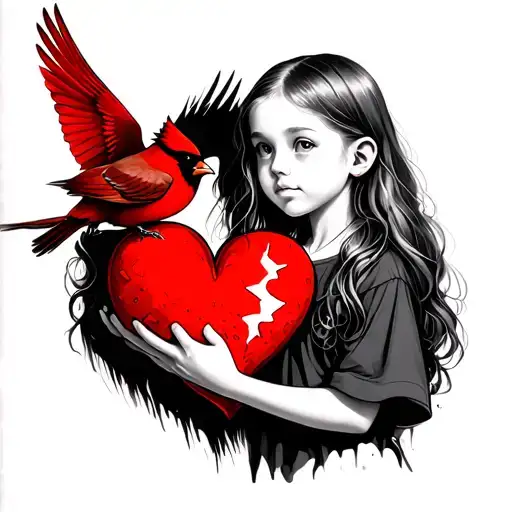 lil girl holding a broken heart and a red cardinal flying by  tattoo design idea