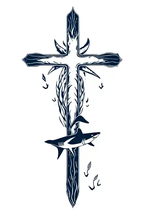 cross with different sharks and marine life around it tattoo design idea