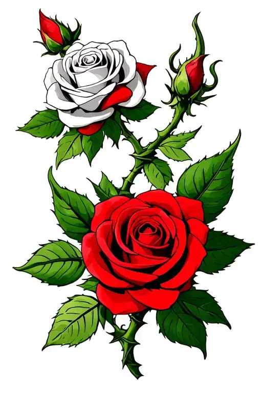 Two twisted thorny rose stems with two Tudor style heraldic roses on top one red petals Lancashire Rose one white petals tattoo design idea