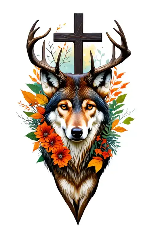 wolf Deer, cross in back ground, Fall flowers and leaves  tattoo design idea