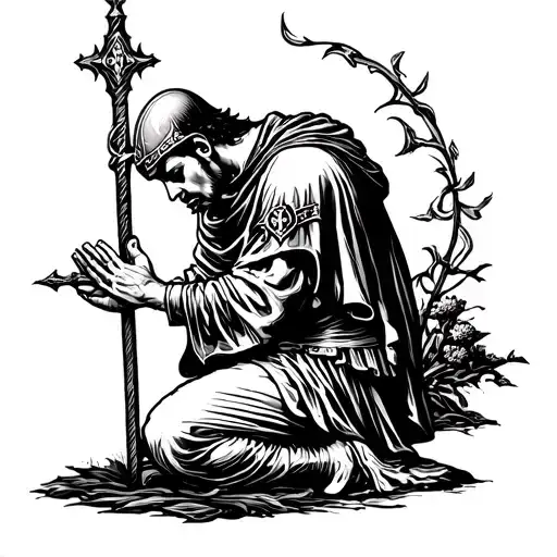 crusader kneeling praying tattoo design idea