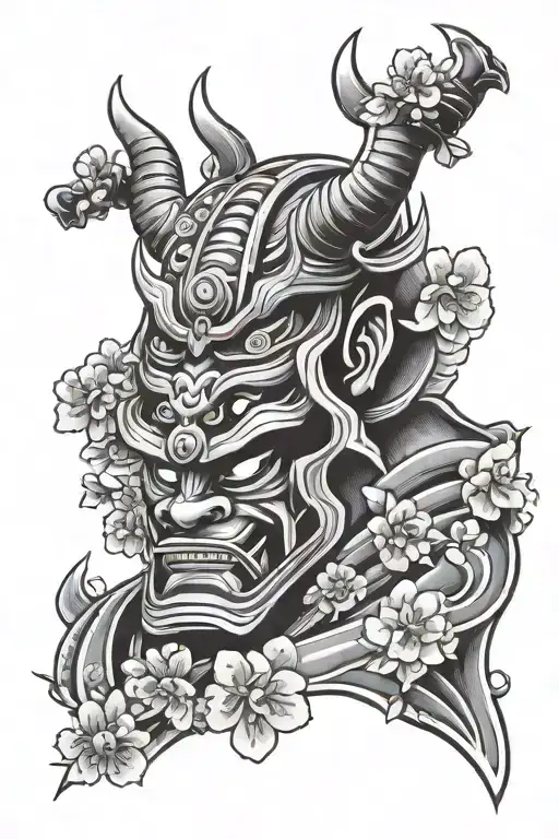 oni mask samurai warrior cherry blossoms tattoo design idea