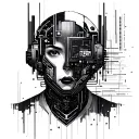 A futuristic cyberpunk design incorporating elements of coding and technology, with a sleek blackwork style tattoo design idea