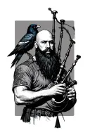 bald bagpiper with black beard with crow featherd muscular body with a mans head and hands playing blackbagpipes tattoo design idea