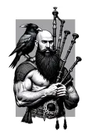 bald bagpiper with black beard with crow featherd muscular body with a mans head and hands playing blackbagpipes tattoo design idea
