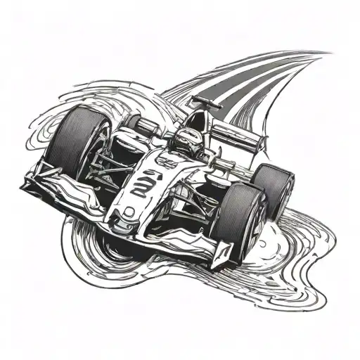 A sleek and dynamic Formula 1 racing car speeding around a track tattoo design idea