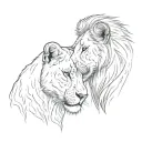 Two lionesses, one bigger than the other, looking at each other face to face tattoo design idea