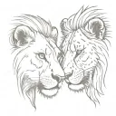 Two lionesses, one bigger than the other, looking at each other face to face tattoo design idea