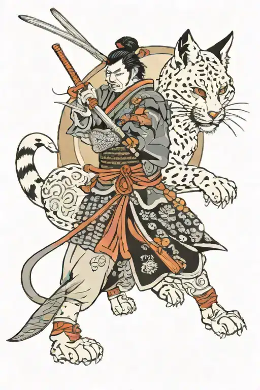 samurai against the background of a lynx tattoo design idea