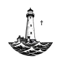 a lighthouse, with a big cross on the top of the lighthouse, surrounded by waves crashing. it must be black and white tattoo design idea